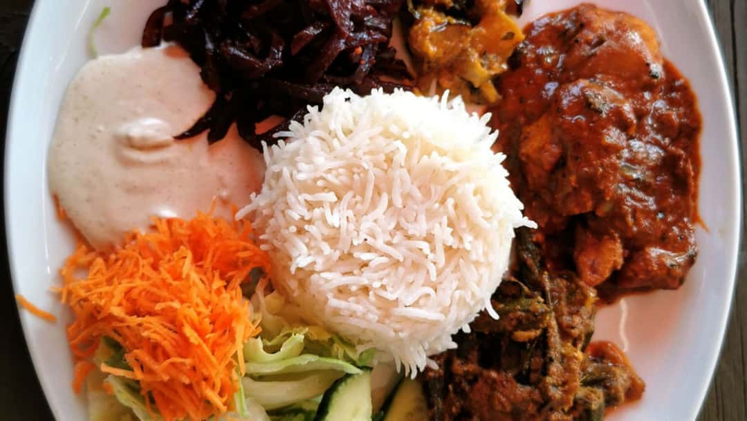 A plate with Sri Lankan rice and curry