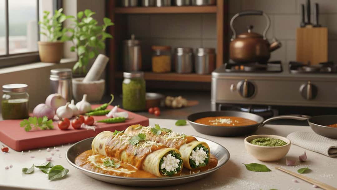 Side view of paratha cannelloni on a plate